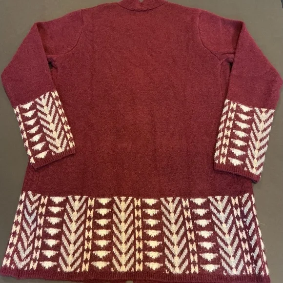 Frye Open Front Knit Cardigan Women Small Dark Red Patterned Longline - Picture 7 of 8